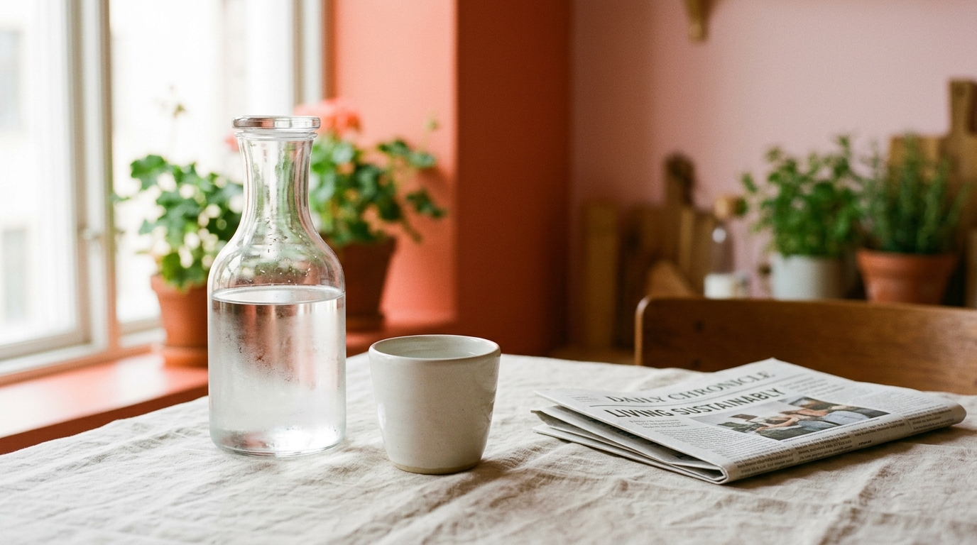 Eine klare Glaskaraffe mit Wasser und eine schlichte Keramiktasse auf einem hellen Leinentuch in einer Berliner Küche