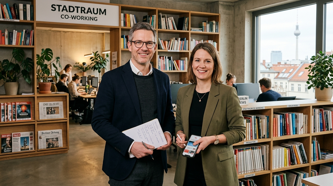 Porträt von Hannah Reinke und Jonas Kröger, Redakteure von Morningriser, in einem Berliner Co-Working-Büro