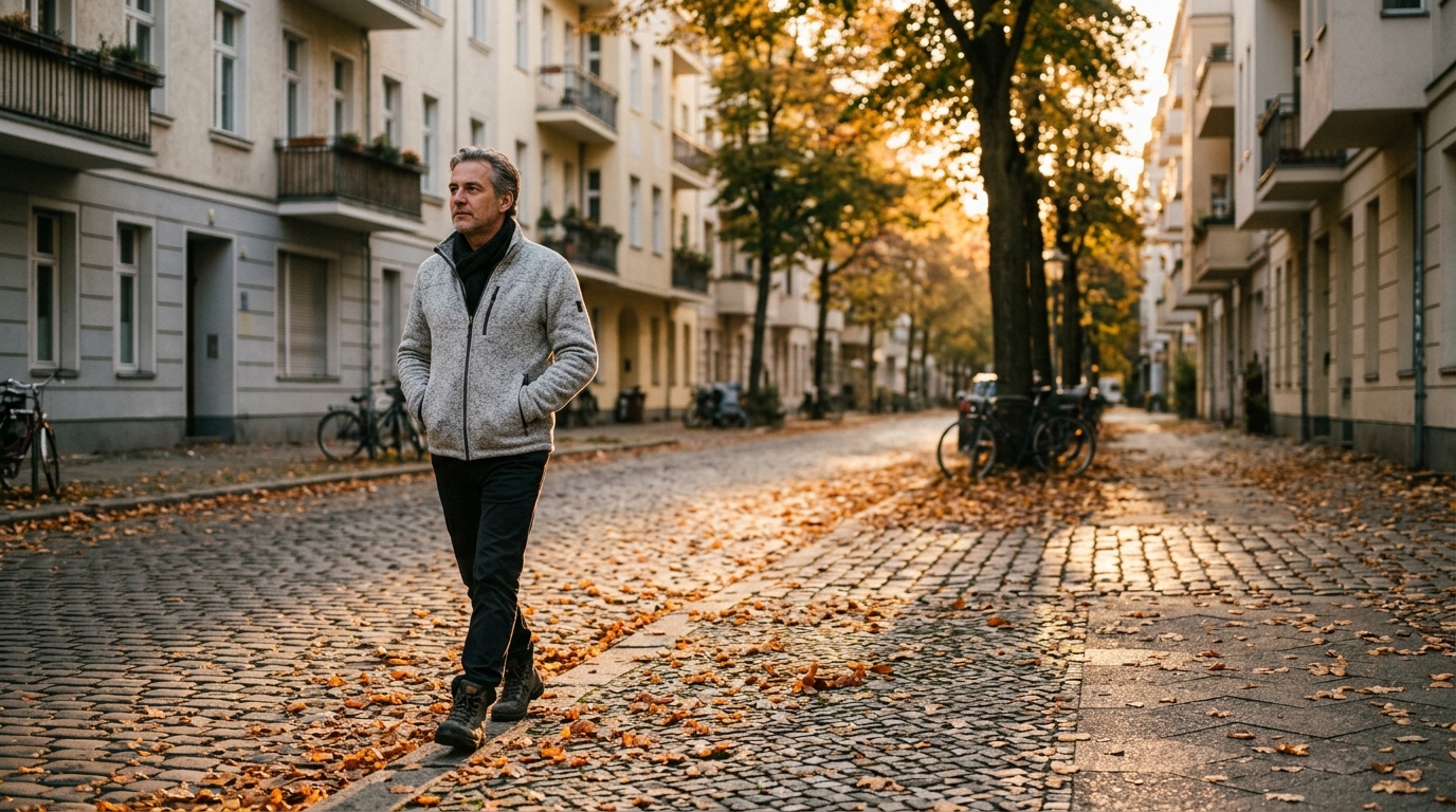 Mittelalter Mann geht durch eine ruhige Berliner Wohnstraße im Abendlicht, Herbstlaub auf dem Kopfsteinpflaster